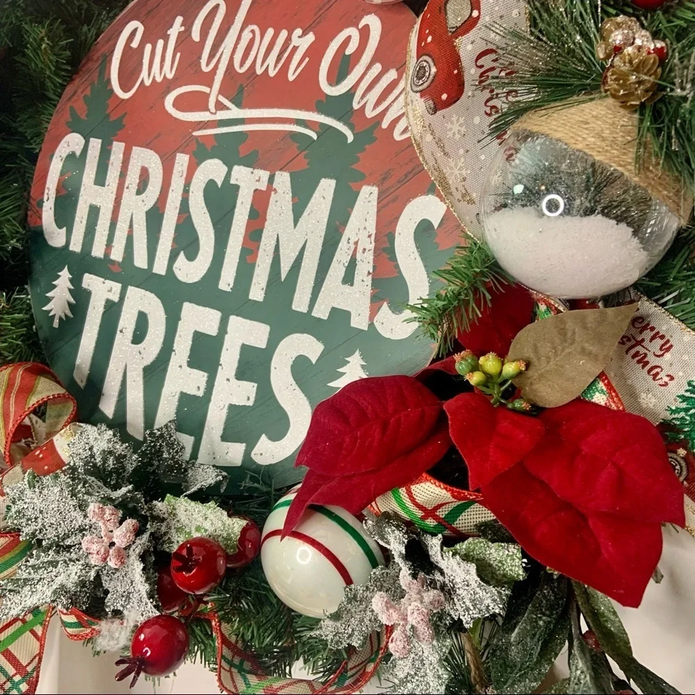 New Floral Rustic Christmas Farmhouse Pine Wreath Red Truck Trees Sign